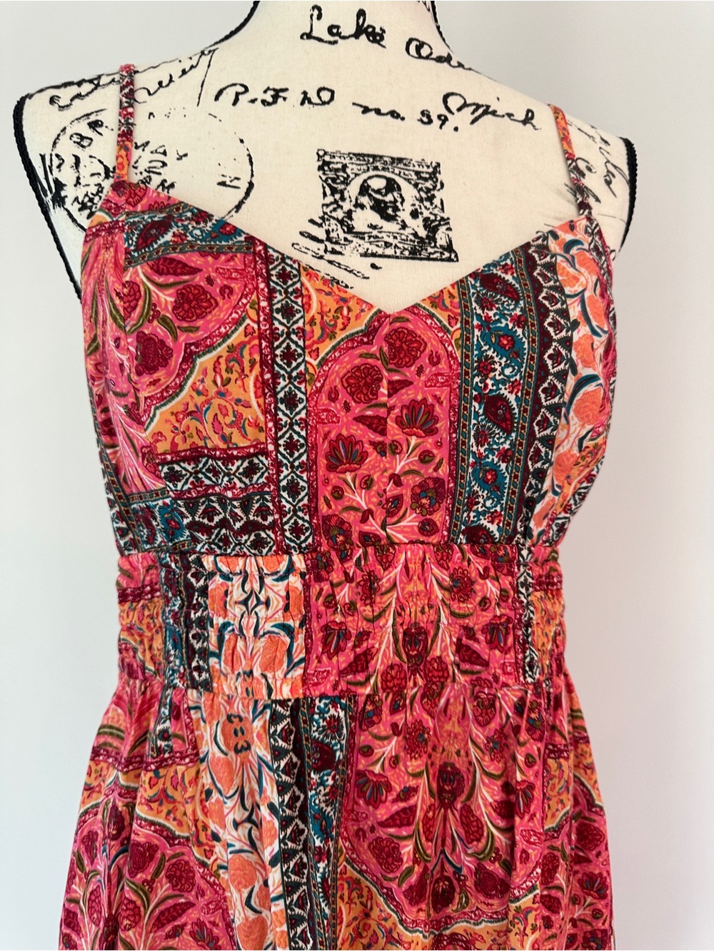 Old Navy Coral-Red and Orange Patterned patchwork strapless Midi Dress size M - Picture 2 of 10